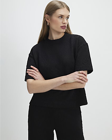 Black Jacquard Short Sleeve Boxy T-shirt