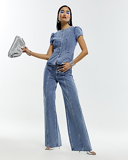 Blue Washed Bling Button Wide Leg Jeans