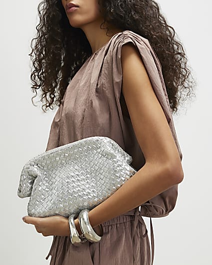 Silver Leather Woven Clutch Bag