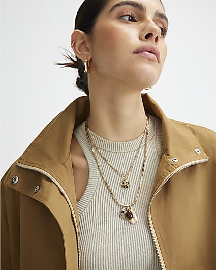 Gold Stone Double Row Cluster Necklace