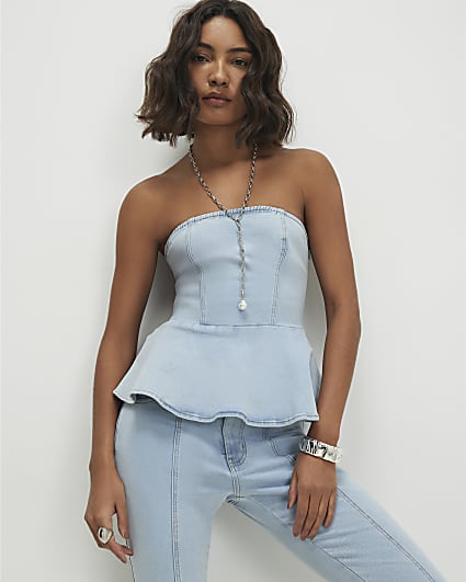 Blue Denim Peplum Bandeau Top