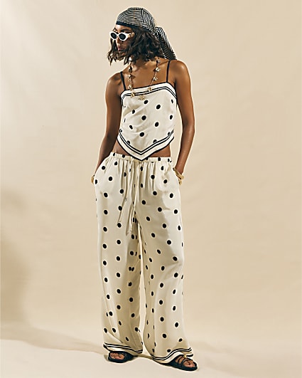 Cream Spot Print Wide Leg Trousers