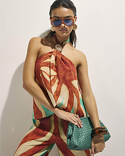 Brown Swirl Print Halter Neck Top