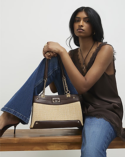 Beige Raffia Chain Handle Shoulder Bag