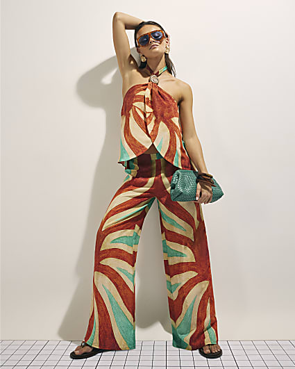 Brown Swirl Print Wide Leg Trousers