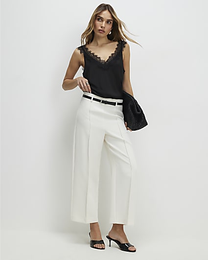Cream Belted Cropped Wide Leg Trousers