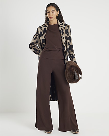 Brown Textured Wide Leg Trousers
