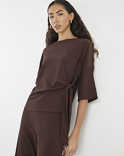 Brown Textured Tie Front T-shirt