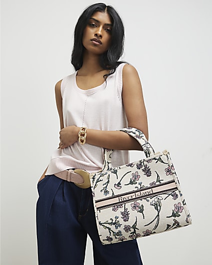 Cream Floral Jacquard Tote Bag
