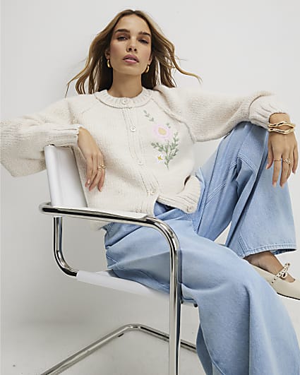 Cream Floral Embroided Cardigan