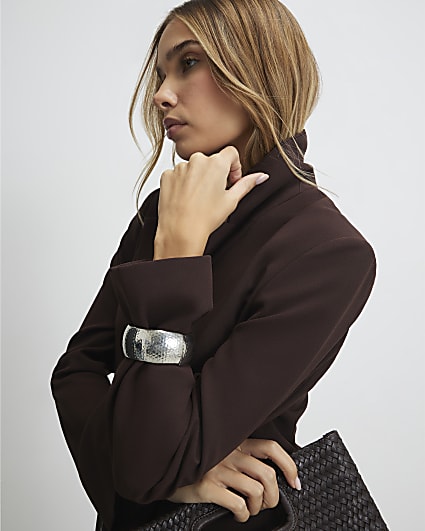 Brown Crepe Ruched Sleeve Blazer