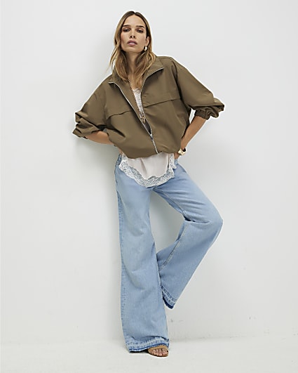 Blue Clean Waist Wide Leg Turn Down Hem Jeans