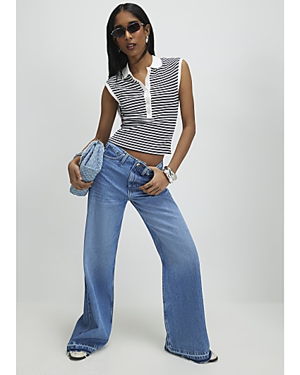 Blue Turn Down Hem Wide Leg Jeans