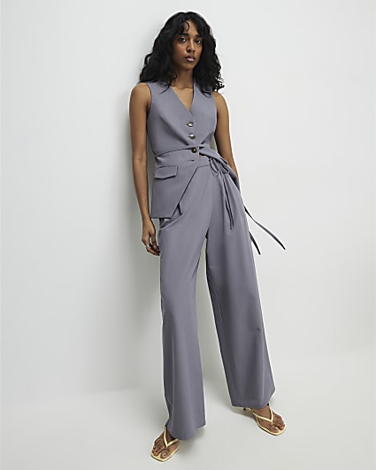 Grey Wrap Detail Wide Leg Trousers