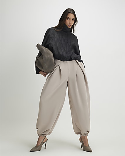 Beige Pleat Detail Tapered Trousers