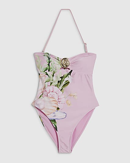 Pink Lotus Print Bandeau Swimsuit
