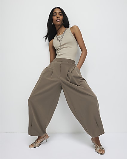 Beige Tailored Balloon Leg Trousers