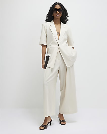 Beige Ankle Grazer Tailored Trousers