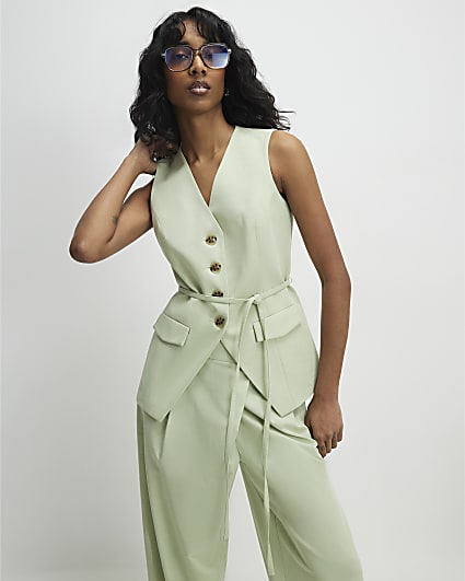 Green Sleeveless Tie Detail Waistcoat