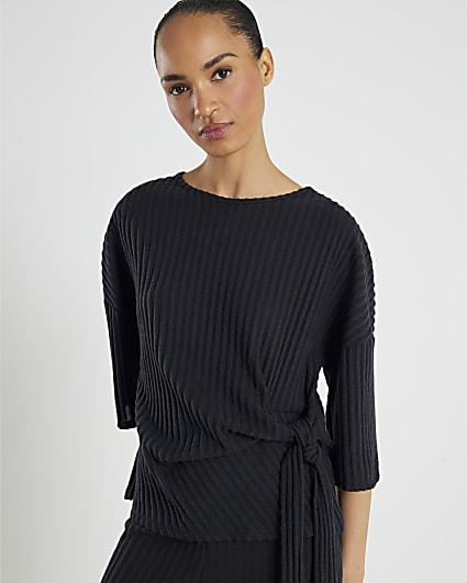 Black Short Sleeve Cosy Ribbed Knot Side Top