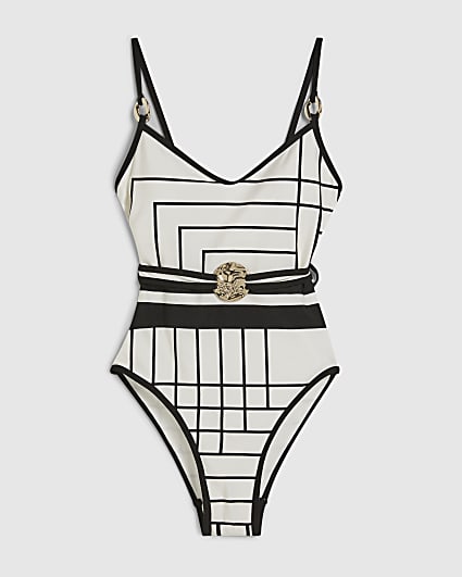 Cream Geometric Stripe Swimsuit