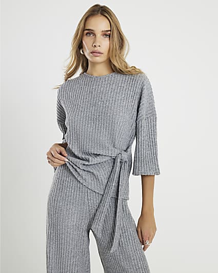 Grey Cosy Ribbed Knot Side Top