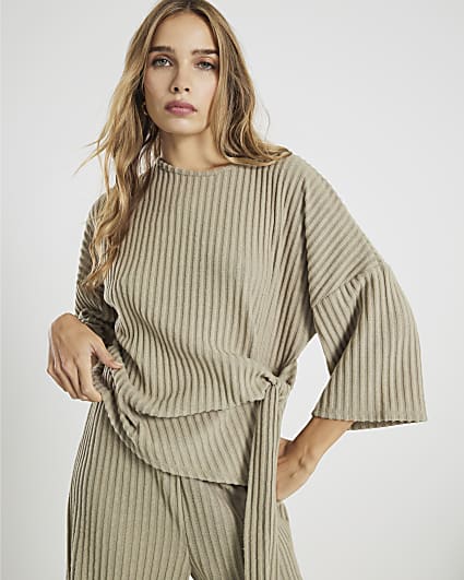 Khaki Cosy Ribbed Knot Side Top