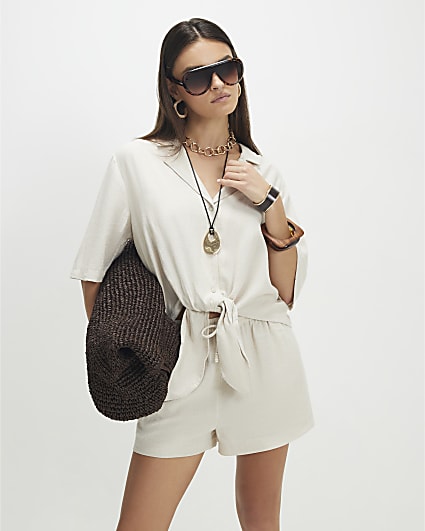 Beige Linen Blend Tie Front Shirt