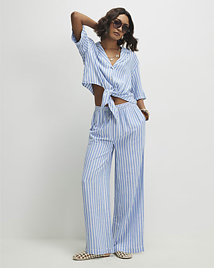 Blue Linen Blend Stripe Trousers