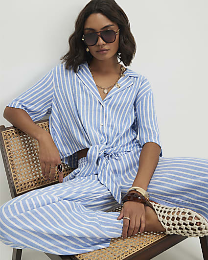 Blue Linen Blend Stripe Tie Shirt