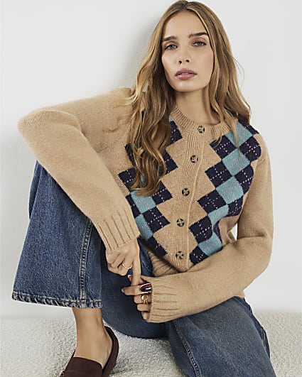 Brown Argyle Knit Cardigan