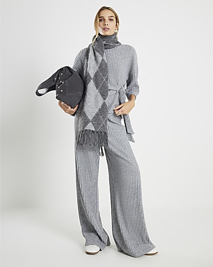 Grey Cosy Ribbed Wide Leg Trousers