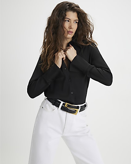 Black Satin Long Sleeve Slim Fit Shirt