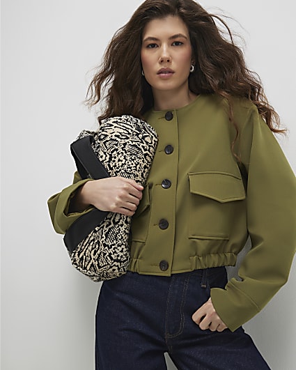 Khaki Long Sleeve Pocket Detail Bomber Jacket