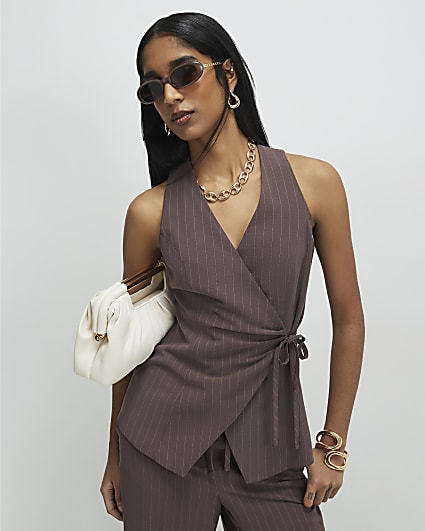 Brown Striped Soft Tie Front Top