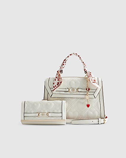 White Quilted Heart Charm Tote Bag Bundle