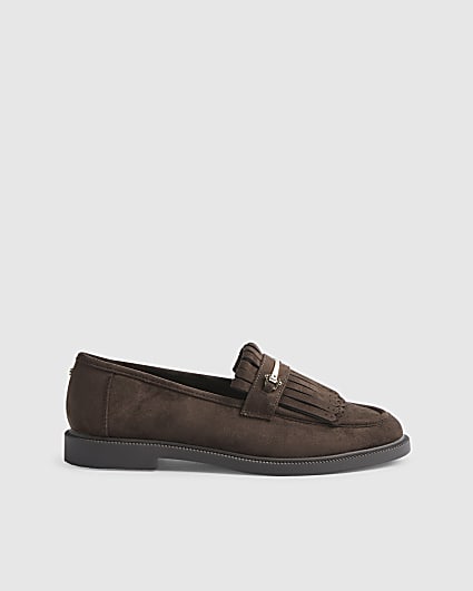 Brown Faux Suede Fringed Loafers