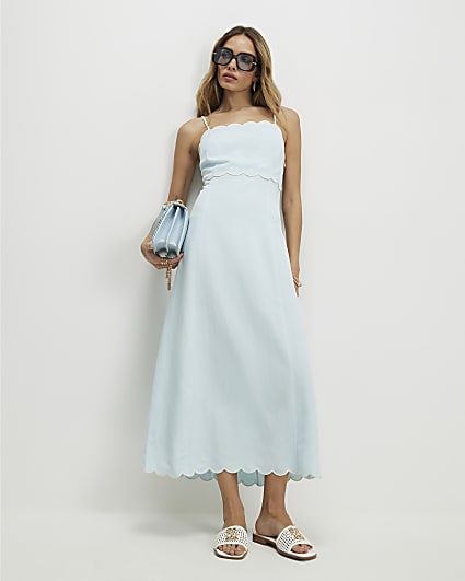 Blue Linen Blend Scallop Trim Midi Dress
