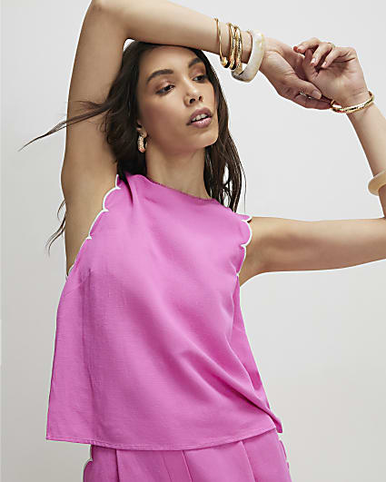 Pink Linen Blend Scallop Trim Tank Top