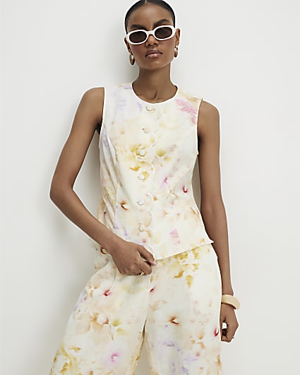 Cream Linen Blend Scallop Trim Waistcoat