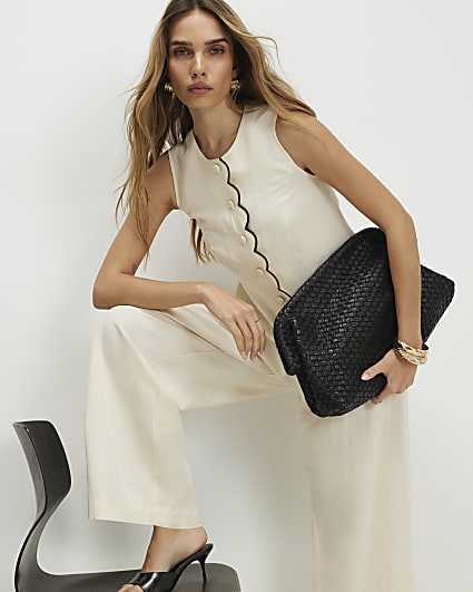 Cream Linen Blend Scallop Trim Waistcoat