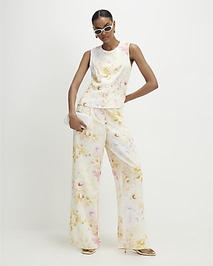 Cream Floral Scallop Trim Wide Leg Trousers