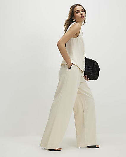 Cream Linen Blend Scallop Wide Leg Trousers