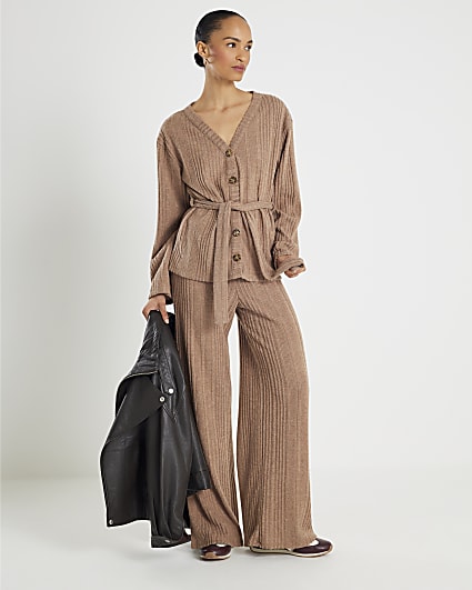 Beige Cosy Ribbed Wide Leg Trousers