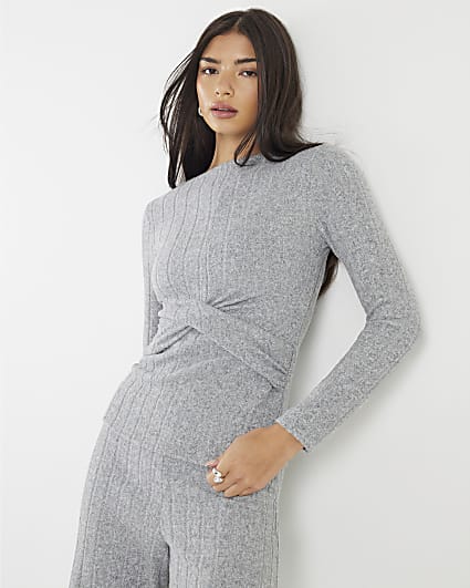 Grey Long Sleeve Twist Front Cosy Top