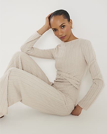 Beige Long Sleeve Twist Front Cosy Top