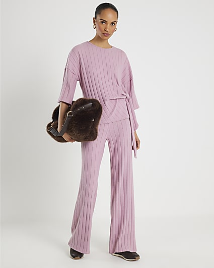 Pink Cosy Ribbed Wide Leg Trousers