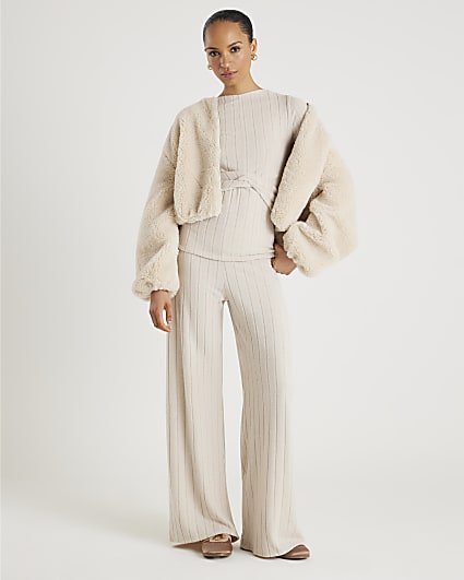Beige Cosy Wide Leg Ribbed Trousers