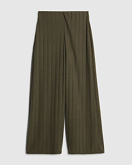 Petite Khaki Cosy Wide Ribbed Trousers