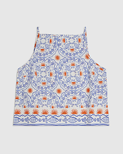 Petite Blue Printed Linen Blend Tank Top